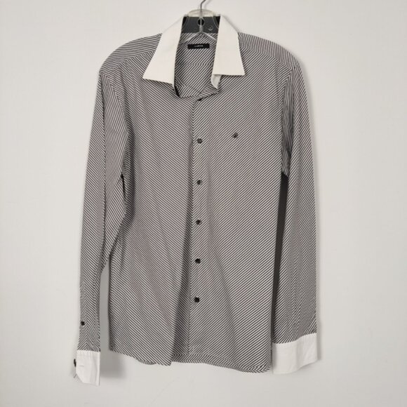 Sarar Men's Color Block Striped Button Down Shirt in Black White Cotton Office - Picture 1 of 9